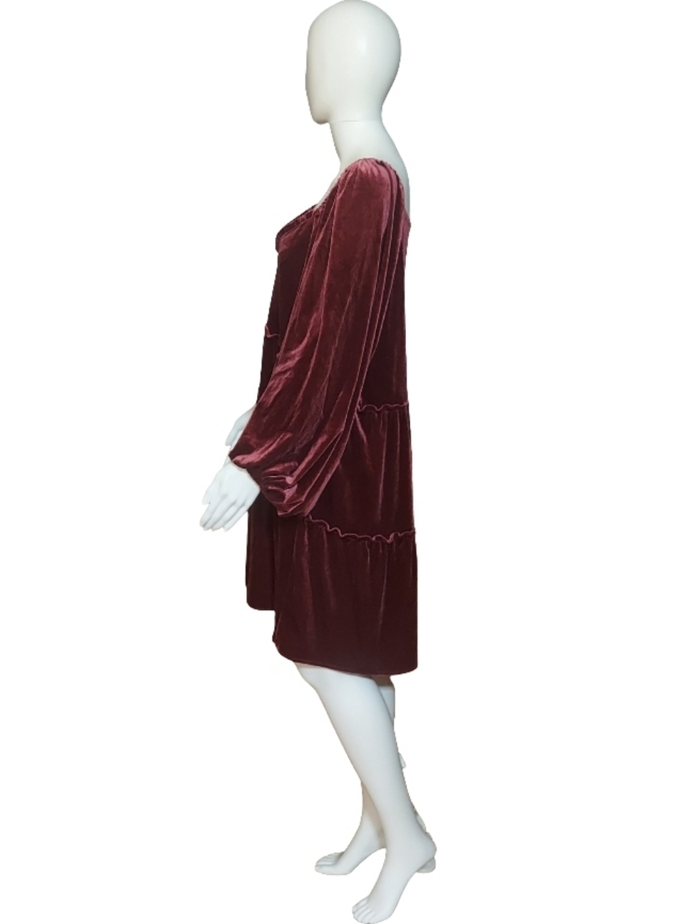 Betsey Johnson Velvet Tiered Babydoll Dress In Burgundy - Picture 5 of 16